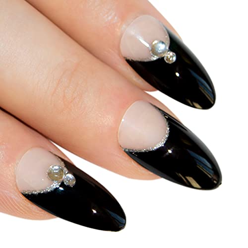 False Nails Bling Art Almond Fake Stiletto Black Crystal 24 Long Tips with Glue
