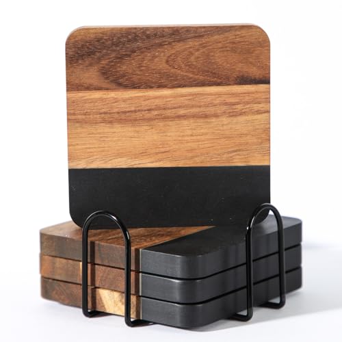 LiWiBet Black Marble Wood Coasters with Holder for Drinks Set of 4, Square Non-Slip Wooden Stone Coaster Coffee Table Accessories Manly Coaster for Men Coffee Table, Bar, Office - Rustic Modern