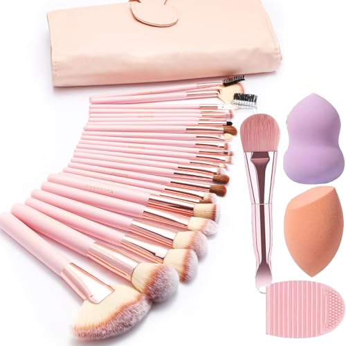 28PCS Makeup Brush Set, Quality Makeup Brushes for Women, Brush Set Make Up for Beginner Starter Professional,Pink Makeup Set with Blenders Masks Spatula,Travel-Friendly Makeup Brush Set with Case