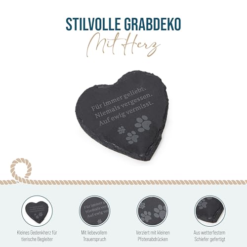 Haustier Gedenkstein mit Spruch & Pfoten: Grabschmuck Tier, Schiefer Grabdeko Hund & Katze, Deko Wetterfest Grab, Trauerstein Friedhof & Garten, Herz Grabdekoration, Trauerschmuck Klein, 12 x 12 cm