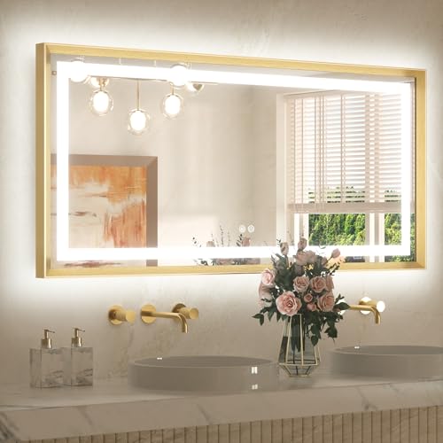 TETOTE 48 x 24 Bathroom LED Mirror Brushed Gold Metal Frame Frontlit & Backlit Vanity Mirror Stepless Dimmable Anti-Fog 3 Colors White/Warm/Natural Light up Vanity Wall-Mounted