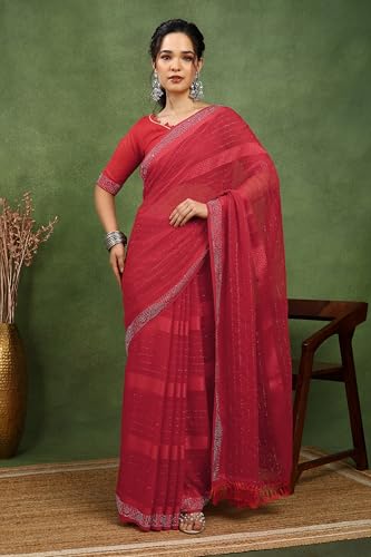 Image of MIRCHI FASHION Saree for Woman Georgette Solid with Satin Stripes | Stone Border Farewell and Ceremonial Sari with Blouse Piece