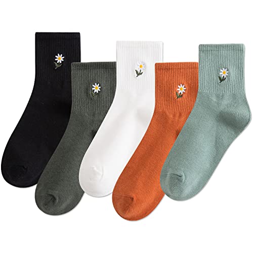 IIG Women's Fashion Cute Cotton Socks Novelty Funny Above Ankle Crew Socks Holiday Gifts for Women 4/5 Pairs (Embroidered daisies - 5 pairs)