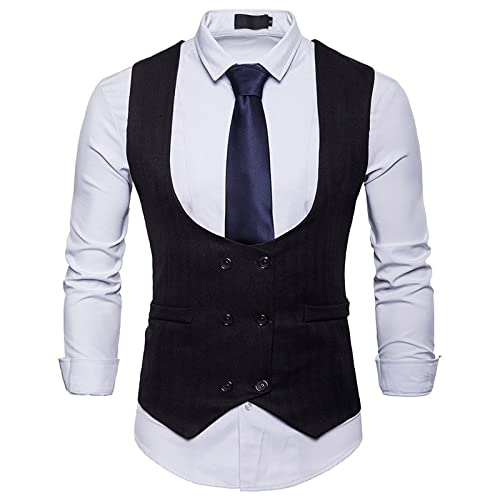 SHACE Men's Business Suit Vest - Men Tweed Double Breasted U Neck Suit Vest Autumn Sleeveless Formal Business Party Waistcoat Plus Size,Black,XL