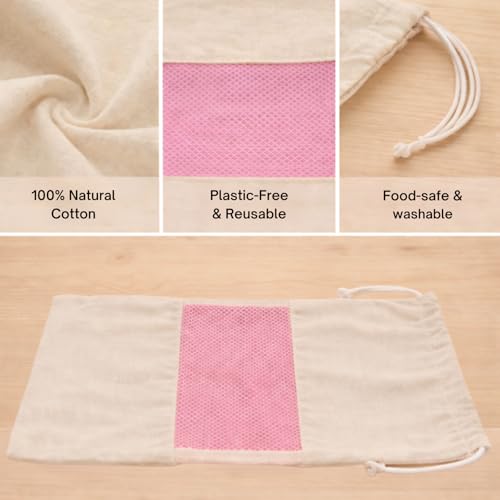 Image of Solitude Set of 3 Cotton Vegetable Bags Fridge Storage Bag Sabji Fruits Pouch Refrigerator Produce Muslin Reusable Washable & Multipurpose use Cloth Bags with Drawstrings