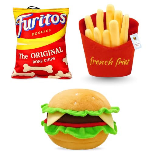 Image of Foodie Puppies 3-in-1 Squeaky Plush Dog Toy Combo (Chips, Burger & French Fries) for Small to Medium Dogs | Durable Bite-Resistant Chew Toys with Crinkle Sound | Soft & Safe for Teething