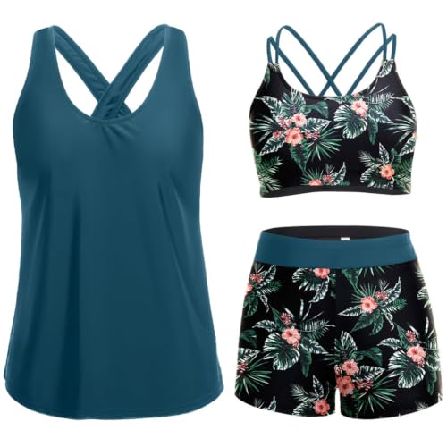 Image of Women's 3 Piece Tankini Swimsuit Tummy Control Bathing Suit with Boy Shorts