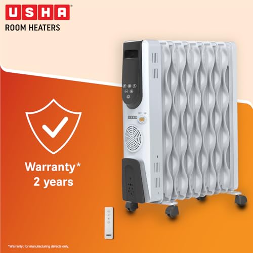 Image of Usha 4309 FSE Oil Filled Radiator 9 Fin Room Heater | Energy Efficient PTC Fan Heater with Remote, Digital Touch Panel & Eco Mode | 1-24 Hr Timer | White