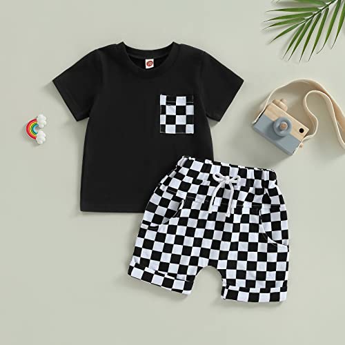Karuedoo Baby Boy Girl Summer Outfits Checkered Plaid Short Sleeve T-Shirt Top Shorts Set Trendy Toddler Checkerboard Outfit2