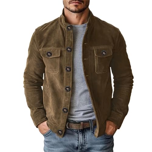 JOFOW Faux Suede Jackets for Men Casual Trendy Button Down Stand Collar Spring Cowboy Coats Brown S