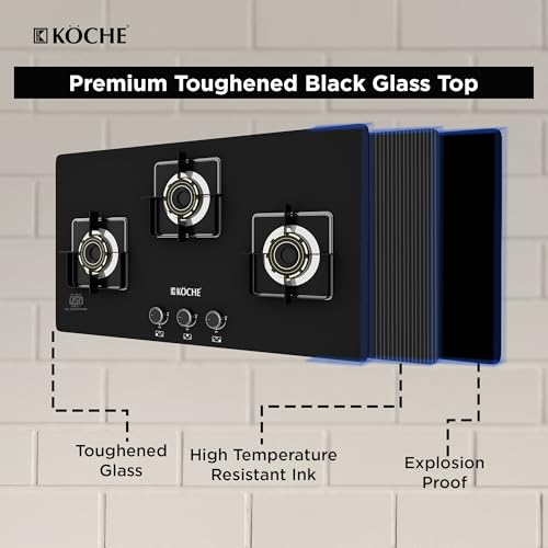 Image of KOCHE Ivan Hobtop 3 Burner gas stove | Multi-Pin Flame Designer Brass Burners, Auto Ignition, Premium Toughened Glass, High Thermal Efficiency, Ergonomic Control Metal Knobs | 7-Year Warranty