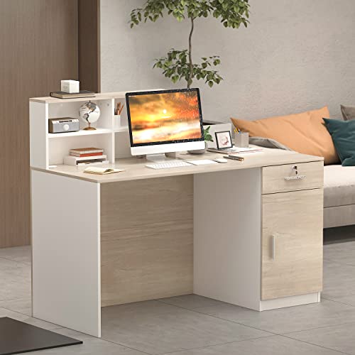 Aiegle Reception Desk With Counter, Reception Counter Desk With Lockable Srotage Drawers, For Salon Reception Room Checkout Office, Natrual (55.1" L X 23.6" W X 43.3" H) #TOP2