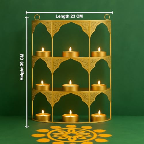 Image of CraftVatika Tealight Candle Holder, Festiv Decor Diwali Decoration for Home, Wall Hanging Metal Jharokha 9 Tealight Candle Holder Votive Stand Frame Christmas Diwali Gift Items for Family Friends