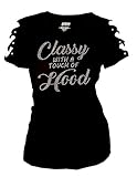 Bling Rhinestones Classy with a Touch of Hood T-Shirt Ripped Cut Out Sht (Large) Black