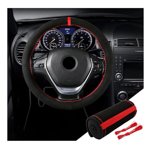 Dickno Car Steering Wheel Cover, Anti-Slip Auto Stitch on Wrap Steering Wheel Protector for Max Diameter 15 Inch, DIY Sewing with Needle Thread, Universal Vehicle Interior Decor (Black & Red+Red)