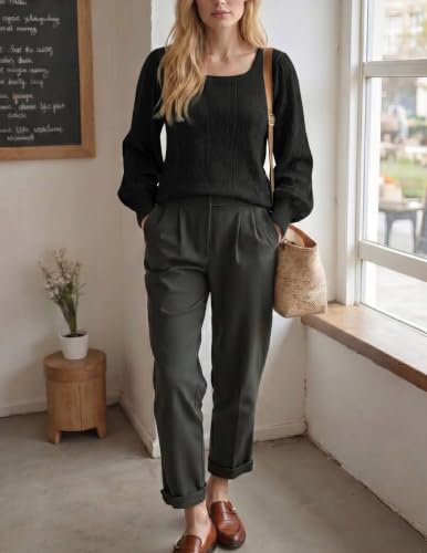 Image of HOTOUCH Sweaters for Women 2026 Fall Trendy Tops Casual Puff Sleeve Square Neck Cute Tunic Pullover Blouses XS-XXL