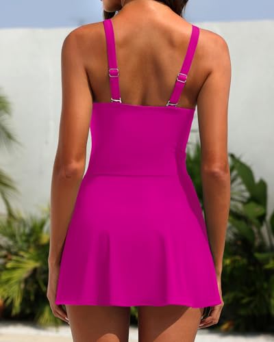 Image of Tempt Me Women One Piece Swim Dress Tummy Control Swimsuit with Skirt | V-neck flattering Cut, Wrap Tie Side, Removable Padded Cups, Adjustable Straps