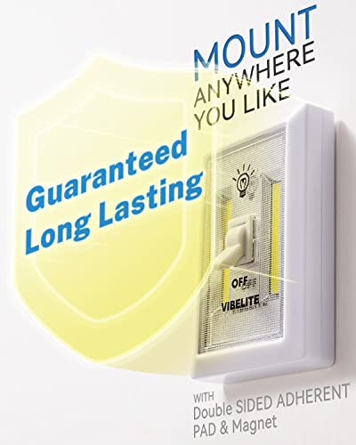 VIBELITE LED Night Light Switch, 12 Total Batteries Included, 200 Lumen Wireless COB LED Switch Light, Under Cabinet, Shelf, Closet, Garage, Kitchen, Stairwell and Emergency, Battery Operated, 4 Pack