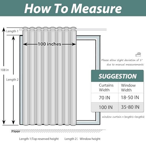 Yakamok Blackout Sliding Door Curtain, Grommet Top Thermal Insulated Extra Wide Room Divider Thermal Insulated Curtain Drapes for French Door/Living Room, Grey, W100 x L108, 1 Panel