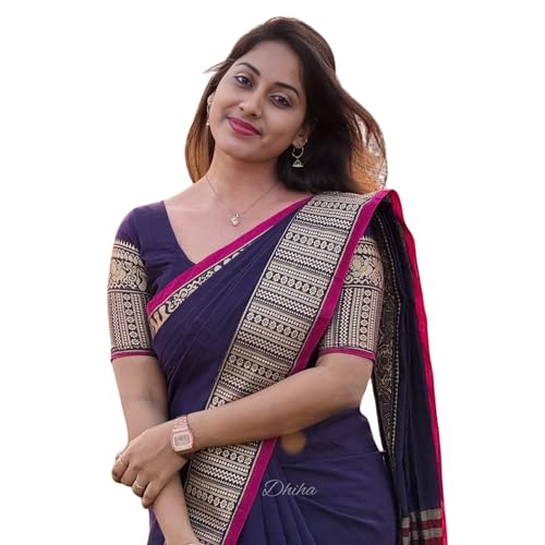Image of Narayanpet Pure Cotton Avani Border Saree for Women with Running Blouse | Tassels | Traditional Woven Solid Design | Handloom Weave