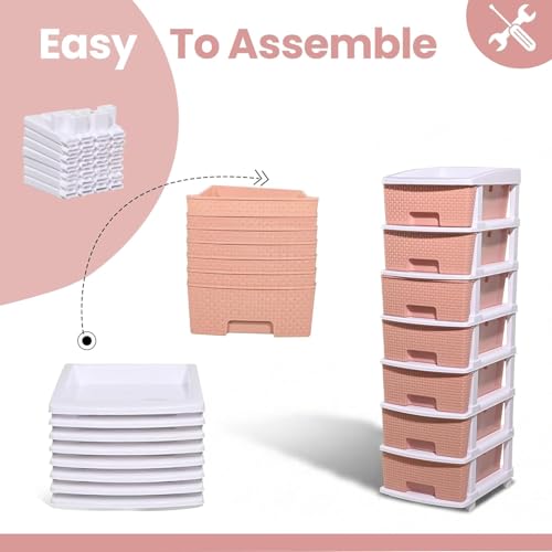 Image of KITCHIVO Plastic Modular Drawer Storage Chest Of Drawers Organizer Storage Box, Large Stomo Racks For Multipurpose Anti-slip Shoes Organizers (White & Peach, 7 Layer)