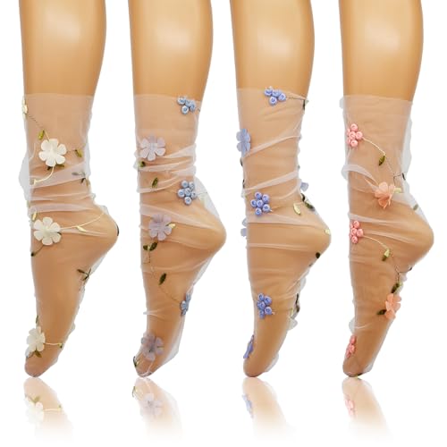 Women Sheer Lace Socks Floral Decorated Slouch Mesh Socks See Through Transparent Tulle Socks for Girls 4 Pairs, 4.5-7.5