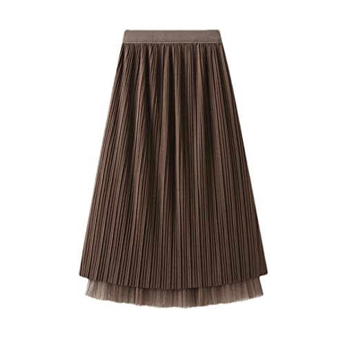 Jupe en tulle marron plissée à taille haute élastique en maille double face