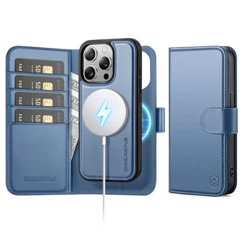 BoxCastle Magnetic 2 in 1 Detachable Compatible with Magsafe iPhone 14 Pro Max Genuine Wallet Case with Card Holder,Women Men Leather Flip RFID Blocking Credit Card Slots Stand Phone Cover,Light Blue by BoxCastle - Used condition - US$13.49