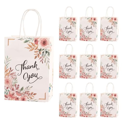 Auriselle 10 unidades 15 * 21 * 8 cm Rosas Thankyou Glückskraut Bolsas de papel kraft Flores Regalos para invitados a bodas y mucho más Bolsa dulces con asa Fiestas Cumpleaños Halloween Navidad, Rosa