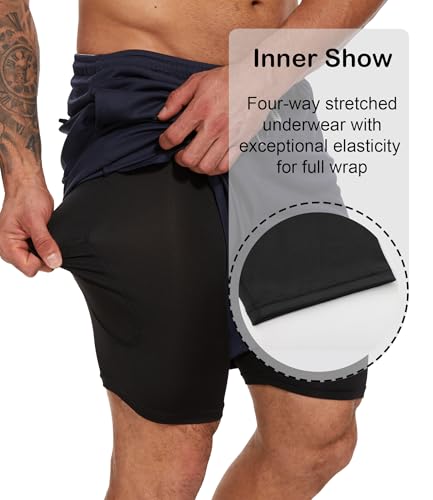 4 Pack Mens 2 in 1 Running Workout Shorts with Liner, Gym Athletic Quick Dry Sport Shorts with Pockets
