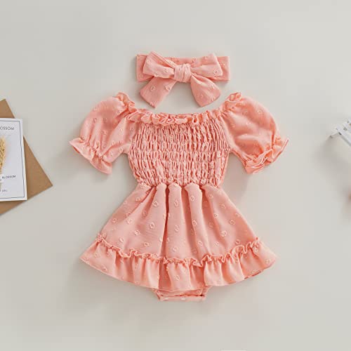 Infant Baby Girls Summer Ruffle Romper Dress Chiffon Dot Short Sleeve Rompers With Headband Cute Baby Clothes (Pink, 12-18 Months) #TOP1