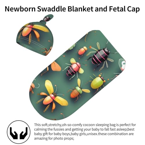 Insect Atlas Print Newborn Swaddle Blanket with Beanie Set, Soft Baby Sleep Sack Receiving Wraps, for Boy Girl2