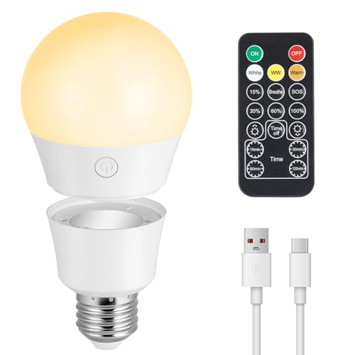 Lampadina LED E27, Lampadina Ricaricabile USB Con Telecomando Timer, Lampadine LED a Batteria con Dimmerabile a 3 Colori, Magnetica Staccabile Lampadine E27 Luce Calda Per Lampada Senza Fili,1 Pz