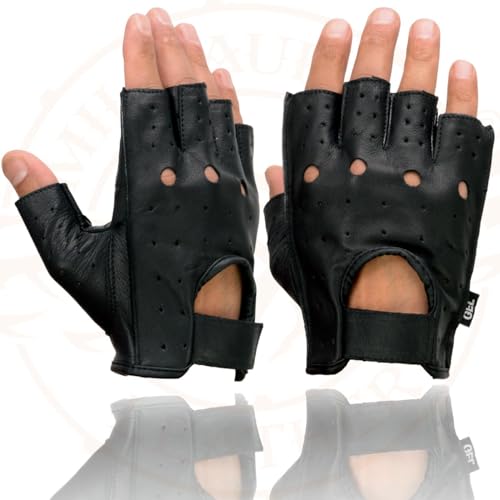 Image of Milwaukee Leather SH198 Men's Black Flame Embroidered Fingerless Gloves with Gel Palm | Padded Comfort; Vibration Relief; Flame Embroidery