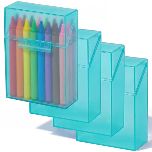 Image of Clabby 4 Pcs Clear Plastic Crayon Boxes Hold 24 Count, Teal | Organizer Box, Case, Colorful, Portable Storage Holder with Snap Lid, for Kids Boys Girls School Classroom Home Art Supply