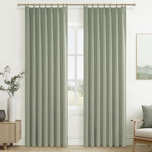 Image of Sage Green Blackout Linen Curtains 90 Inches Long for Living Room Bedroom, Pinch Pleated Boho Light Drapes Viral Window Curtain with Pinch Pleat Clips Thermal Insulated (40 inchWx90 inchLx2Panels Sage)