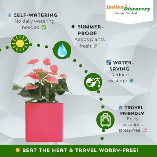 Image of Indian Discovery Self Watering Tabletop Planter| Flower Pots for Home, Terrace, Balcony, Garden Decor Flower Pots(2 PC, Baby Pink, Square) |6 Inch UV-Resistant Plastic Plant Pots