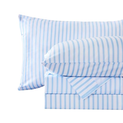 Image of MCO 4Pieces Striped Sheets Set, Breathable King Sheet Set with 16 inch Deep Pocket,Modern & Luxury, Brushed Microfiber Bedding Set(King, Blue Simple)