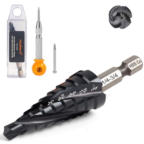 MulWark M35 Cobalt Step Drill Bit Set with Center Punch, TiAlN Coated Unibit (1/4'-3/4'), 4 Spiral Flute Hex Shank for Stainless Steel, Metal, Wood, Plastic