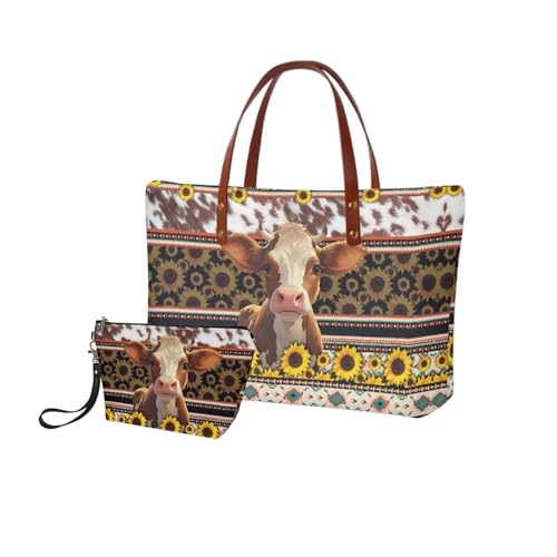 Image of Animal Cow Purse and Handbag for Women - Fashion Sunflower Tote Shoulder Bag With PU Cosmetic Purse - Large Top Handle Satchel and Wallet Combo for Working