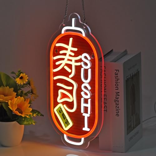 Image of Japanese Sushi Neon Sign，Japanese Food Wall Decor LED Light Sign | Neon Lights Hanging Wall Art Decoration for Japanese Restaurant Izakaya Bar Club Shop,USB Powered Dimmable, 16 * 7.8 inches