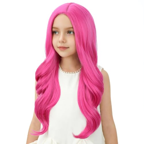 Image of Hot Pink Wig Long Rose Red Middle Part Wig Long Purple Pink Wavy Curly Wigs Heat Resistant Synthetic Wigs for Daily Party Use