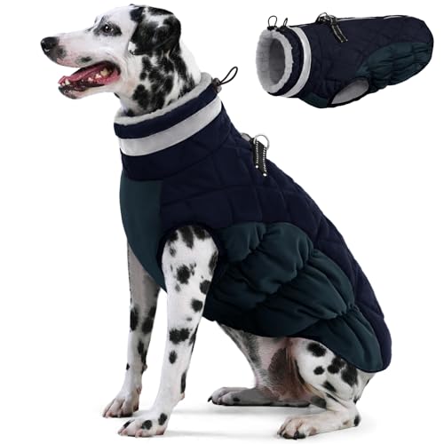 Image of AOFITEE Dog Coat, Warm Dog Jackets for Large Dogs, Reflective Turtleneck Dogs Winter Coat with Harness Built in, Waterproof Windproof Pet Snow Jacket Fleece Vest for Cold Weather, Navy XXL