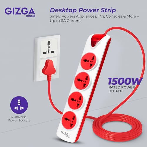 Image of Gizga Essentials 1500W /6A Multi Plug Extension Board with 4 Universal Sockets for Office & Home Appliances, Fuse Protector, Power Indicator, 1.5M Cord, Durable Switch, Flame Retardant Material
