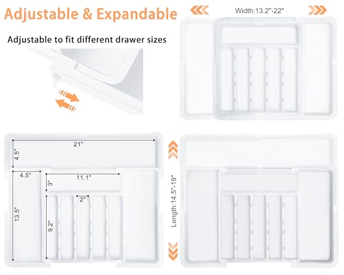 Large Silverware Drawer Organizer Expandable Kitchen Utensil Organizer BPA Free Flatware Cutlery Holder Tray Adjustable Plastic Drawer Divider Storage for Forks Knives 6-9 Slots White