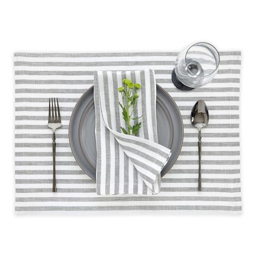 Image of Solino Home 100% Linen Placemats, 14 x 19 in, Grey, Amalfi Stripe, Set of 4 | protect and style the table setting, woven stripe, European flax fibres, mellows with every wash, soft, OEKO-TEX Certified