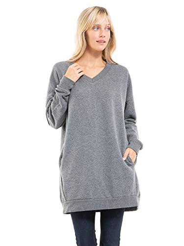 Design by Olivia Women's Casual Oversized Loose Fit V-Neck Fleece Pullover Sweatshirts Tunic Fall Outfits S~3X4