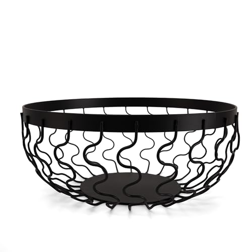 LIN HOME Frutero Decorativo de Metal, Diseño Ondulado, Cuenco para Frutas y Verduras (Negro, 24x10cm)