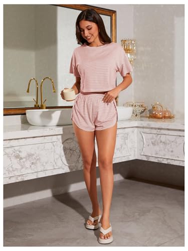 Image of OYOANGLE Womens Pajama Sets 2 Piece Sexy Lounge Sets Summer Cute Pjs Striped Print Tee and Side Split Shorts Set
