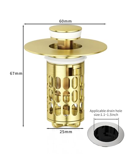 Image of QYHNYJF Upgraded Bathroom Sink Stopper with Hair Catcher - Universal Pop-Up Drain Plug, Stainless Steel & Silicone Seal for 1.1-1.5 Inch Drains, Gold Matte Brushed Finish (Gold Matte Brushed)